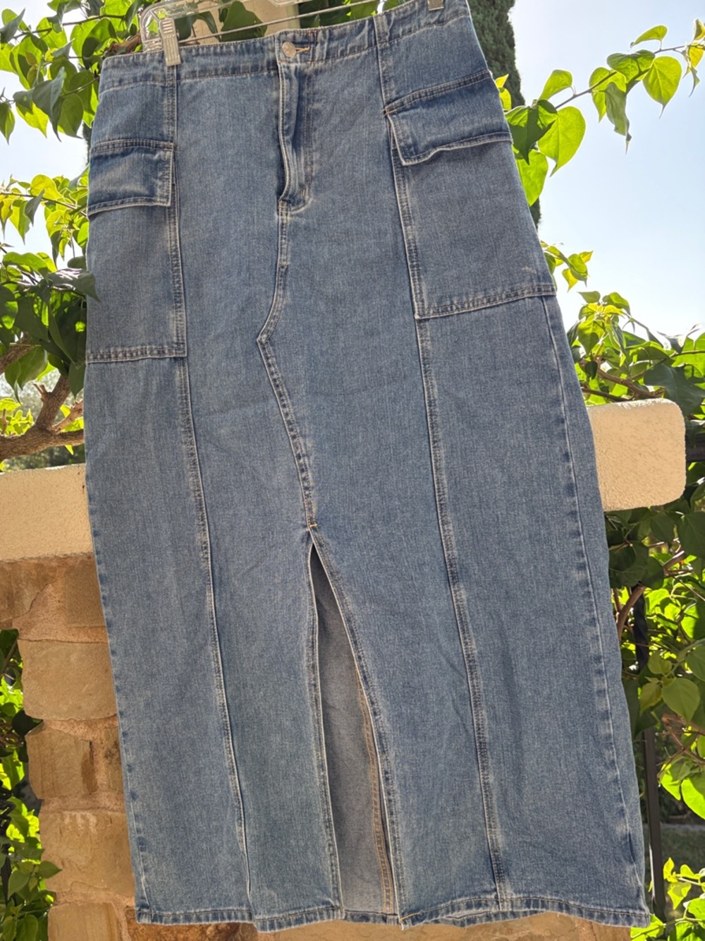 Denim Straight Midi Skirt in Mid Blue with Front Slit Large EUC